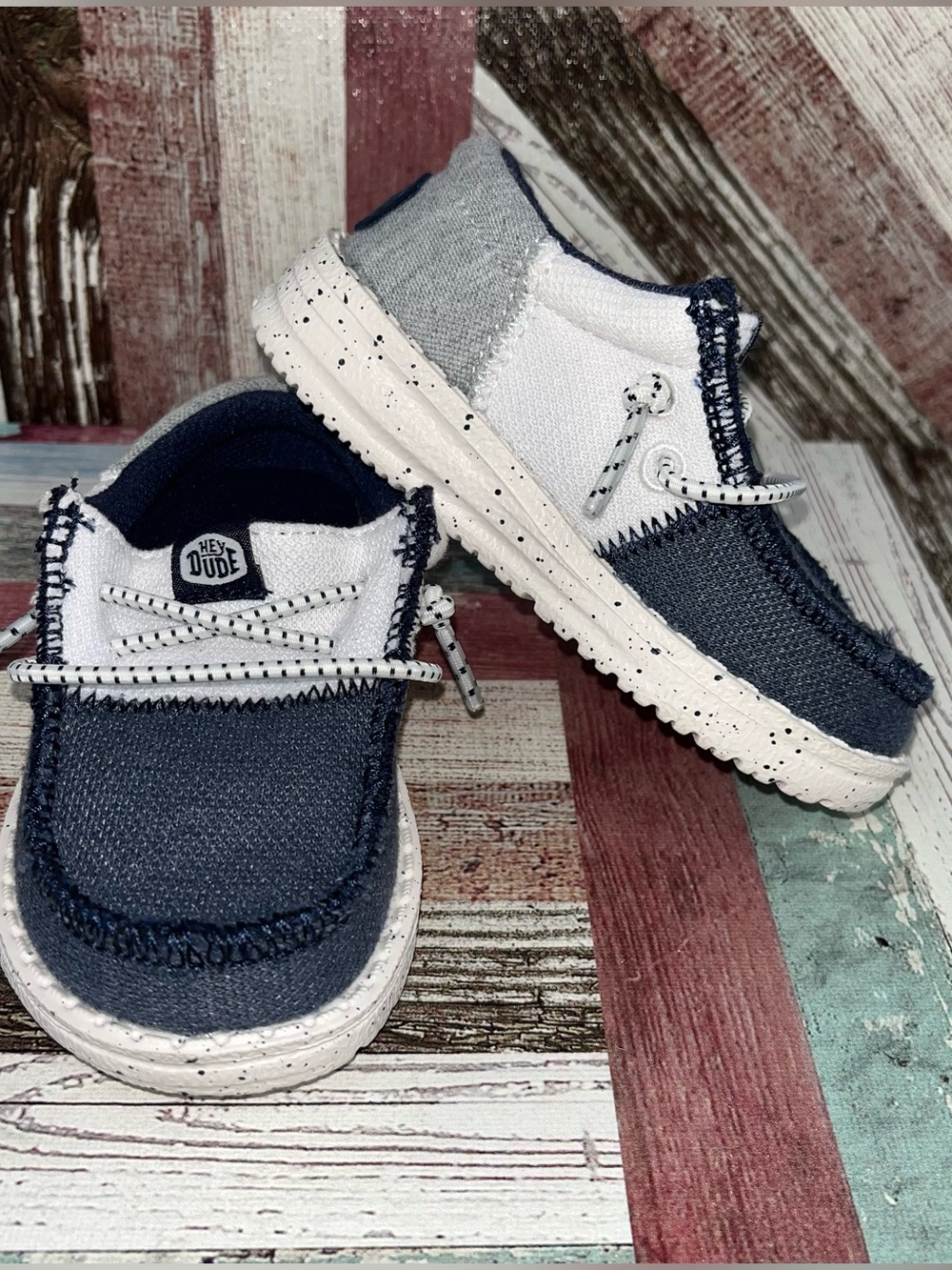Hey Dude Wally Toddler Tri University Shoes NWOB BLU/WHT Elastic Laces TD 5